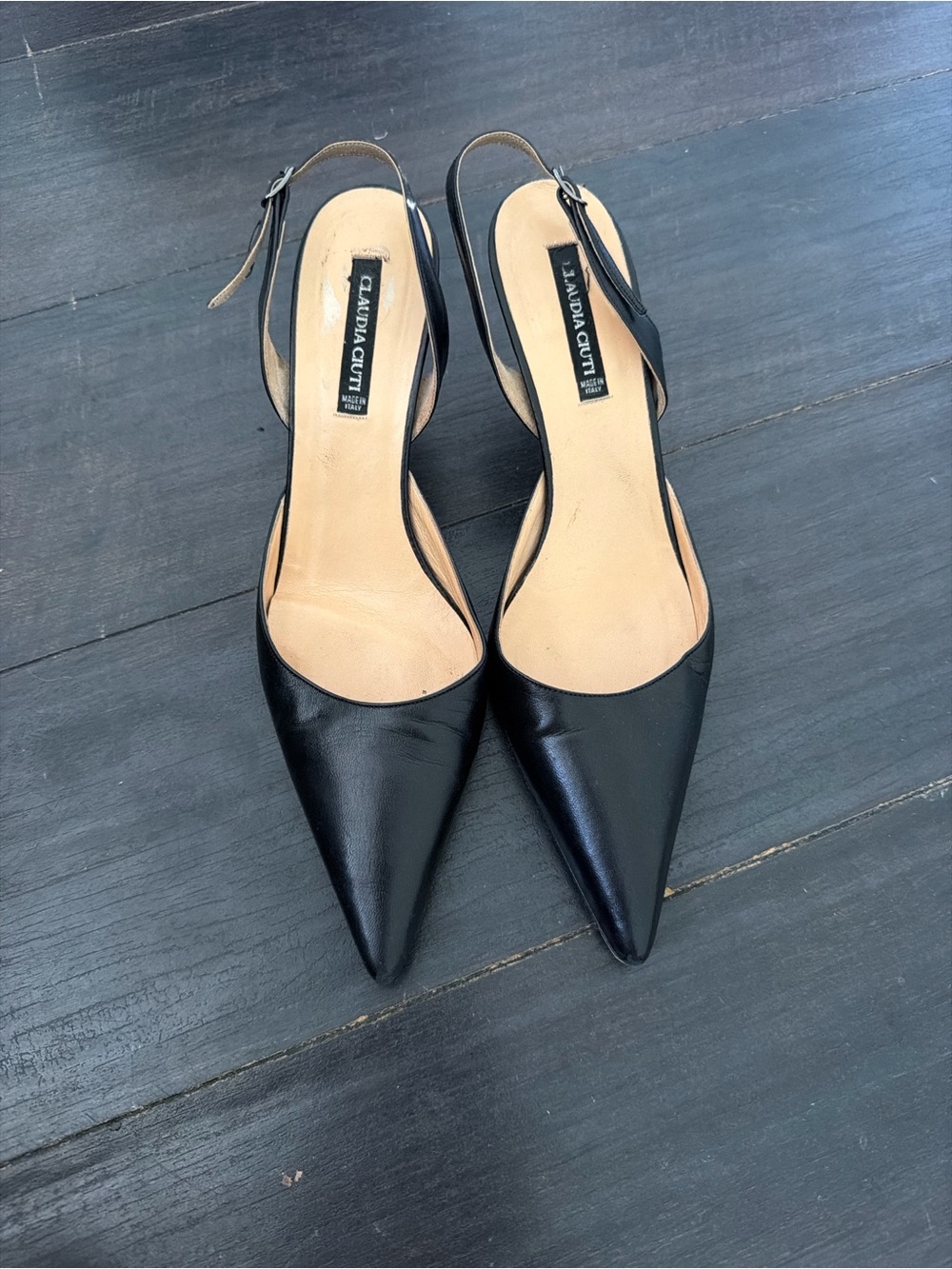 Made in Italy Leather Black Pointed Slingback Kitten Heels